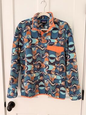 Patagonia Kids Fleece Pullover in Teal, Orange & Navy Geometric Print